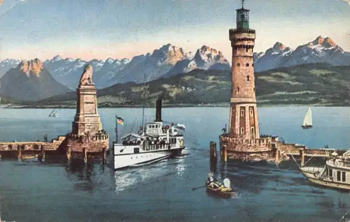 L324 Deutschland 1922 Lindau i B Hafen Dampfschiff Leuchtturm Vintage Postkarte