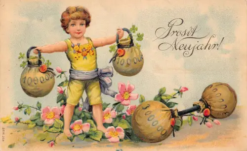 L178 Neujahr Junge Heben Gold Münzen Tüten Blumen Glück Fantasy Prägepostkarte