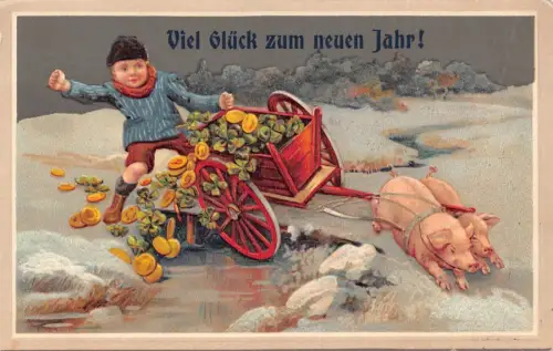 L178 Neujahrsgrüße 1911 Schweine Ziehwagen Gold Geld Glück Prägepostkarte