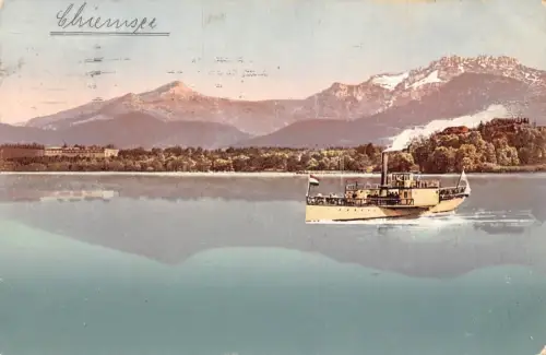 A076 Deutschland 1908 Chiemsee Herreninsel mit Kampenwald Dampfschiff Postkarte