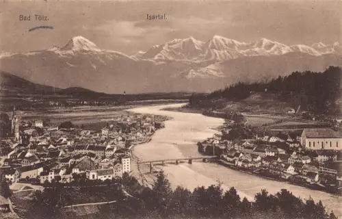A076 Deutschland 1915 Bad Tölz Isartal Gesamtansicht Brücke Fluss Vintage Postkarte