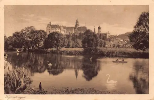 L053 Deutschland 1925 Schloss Sigmaringen See Schwäne Boot Vintage Postkarte