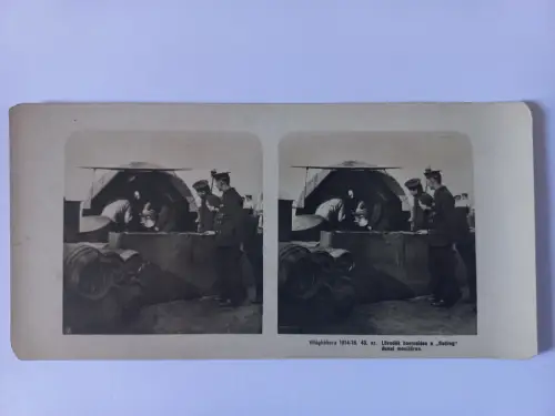 Antique Stereo Foto WW1 Loading of a projectile on the Danube monitor "Bodrog"