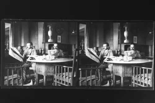 Antique Glass negative Stereo Men reading newspaper in the coffee house  1900s