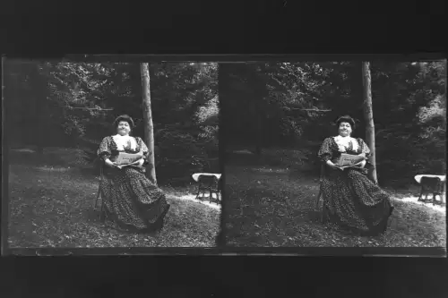 Antique Glass negative Stereo Woman is sitting and reading newspaper 1900s