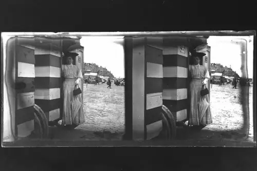 Antique Glass negative Stereo woman is standing at the door of the bath machine