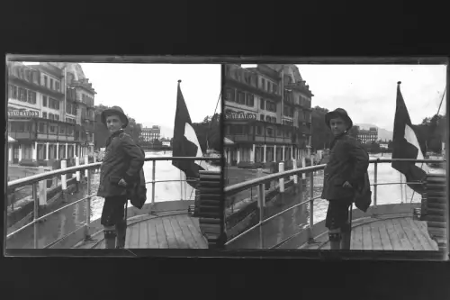 Antique Glass negative Stereo Boy on the Boat, Lake Geneva, Switzerland  1900