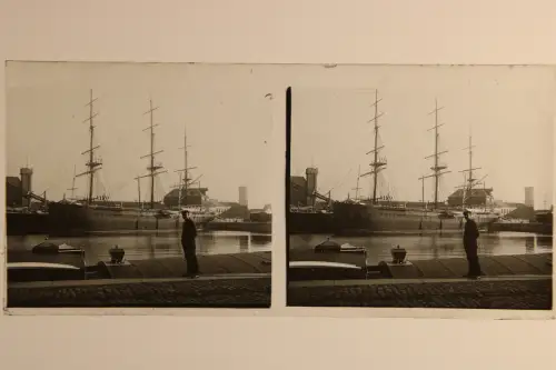 Antik Foto stereo positiv Glasplatte Port Harbour Grosses Schiff im Hafen 1905