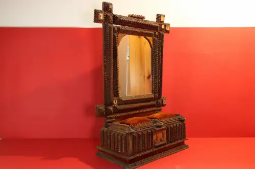 Antique Chip Carved Tramp Art Jewelry Box with Mirror c1890