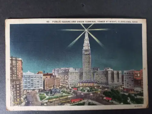 AK Postcard CPA USA Public Square Union Terminal Tower Night Cleveland 1935