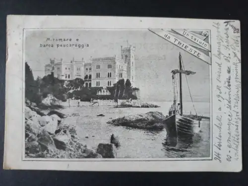 AK Postcard CPA  Italien Triest – Schloss Miramare mit Fischerboot 1900 KuK