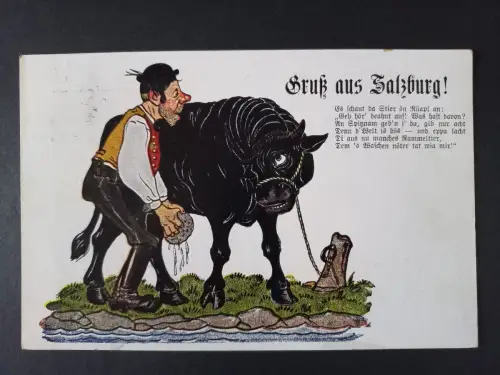 AK Postcard CPA Gruss aus Salzburg - Humoristische Trachtenkarte mit Stier 1932