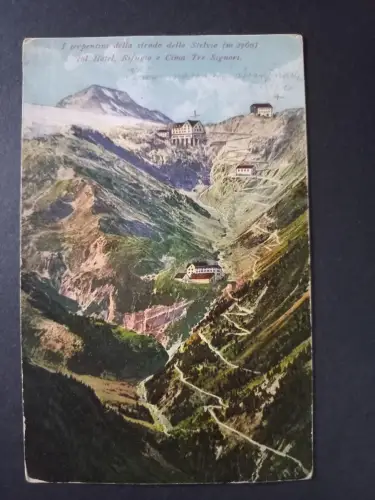 AK Postcard Italien Passo dello Stelvio – Serpentinenstraße mit Hotels, ca. 1918