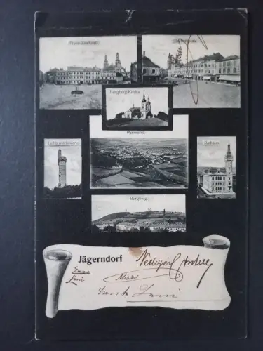 AK Postcard Jägerndorf – Mehrbildkarte mit Burgbergkirche, Rathaus und Panorama