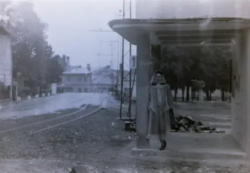 Vintage Photo Negative Woman at Tram Stop  c.1950s  Urban Street Scene 260401-3