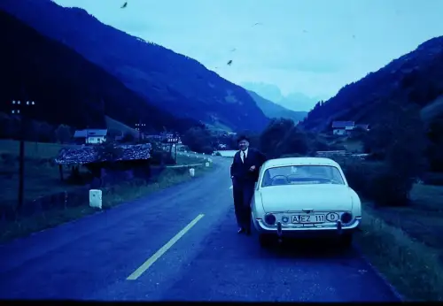 Vintage Car Mountain Road Alps Europe 1960s Travel DIA Slide Scenic View
