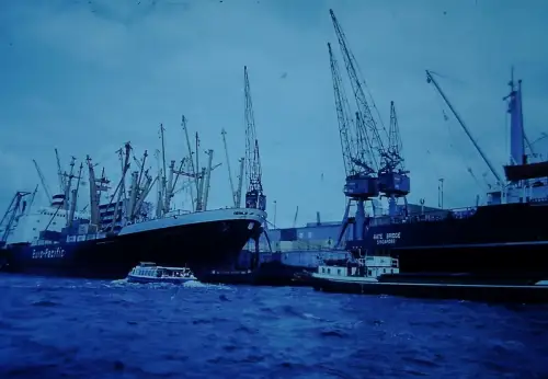 Hamburg Harbor Euro-Pacific Cargo Ship Cranes + Bate Bridge Singapore '60s Slide
