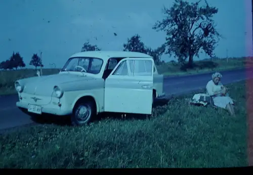 Vintage Trabant Car Picnic Woman Roadside 1960s Eastern Europe  Old DIA Slide