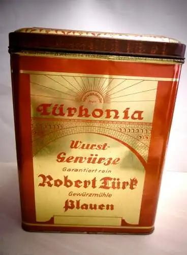 Alte Blechdose aus Plauen "Türkonia" Wurst-Gewürze, um 1900