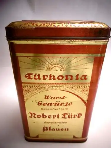 Alte Blechdose aus Plauen "Türkonia" Wurst-Gewürze, um 1900
