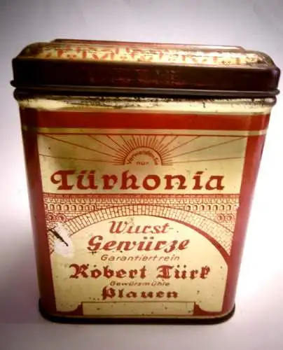 Alte Blechdose aus Plauen "Türkonia" Wurst-Gewürze, um 1900