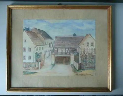 Aquarell Bauernhof Straße Dorf Vogtland?/ Erzgebirge? 1944