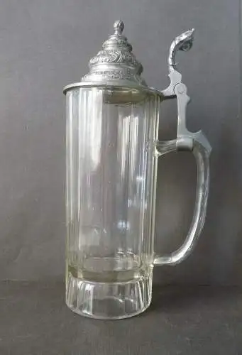 Bierkrug Glaskrug Krug mit Zinndeckel Widmung Plauen Vogtland Bahnhof 1897