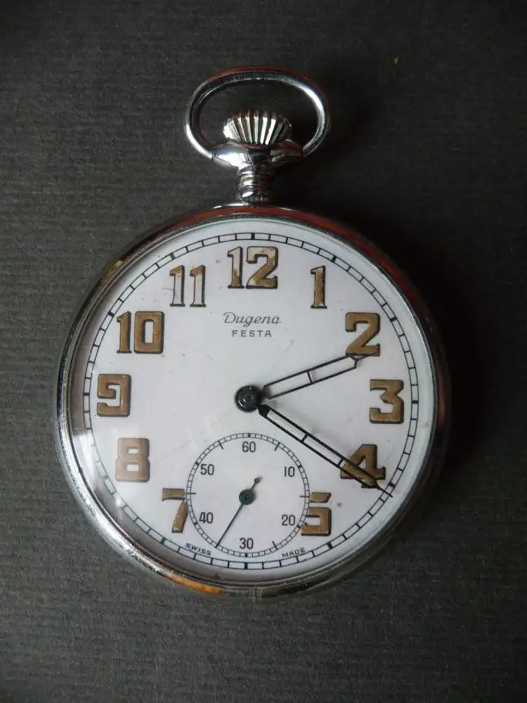 Alte Taschenuhr Dugena Festa Swiss Made mit Leuchtziffern ca. 1930 0
