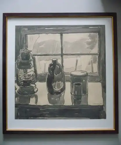 Orig. Aquarell S/W Stillleben mit Petroleumlampe / Helmut Gransow