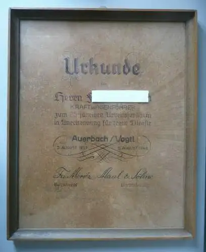 Orig. Urkunde Kalligraphie Kraftwagenführer 25 J. Dienstjubiläum Auerbach 1948