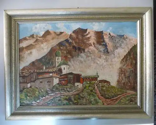 Gemälde Alpendorf Dorf Kirche im Gebirge / Max Steudel?