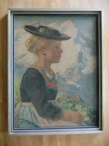 Kunstdruck Bild auf Holz Mädchen in Tracht Alpen / Hedwig v. Schlieben 