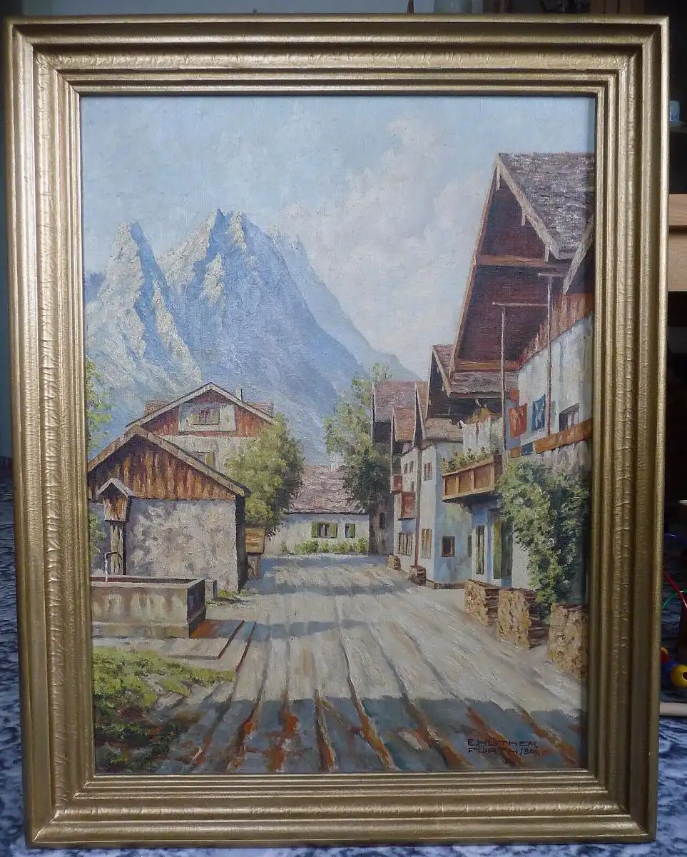 Ölgemälde Garmisch-Partenkirchen Frühlingstraße Zugspitze / Ernst Hüther ca.1940 0