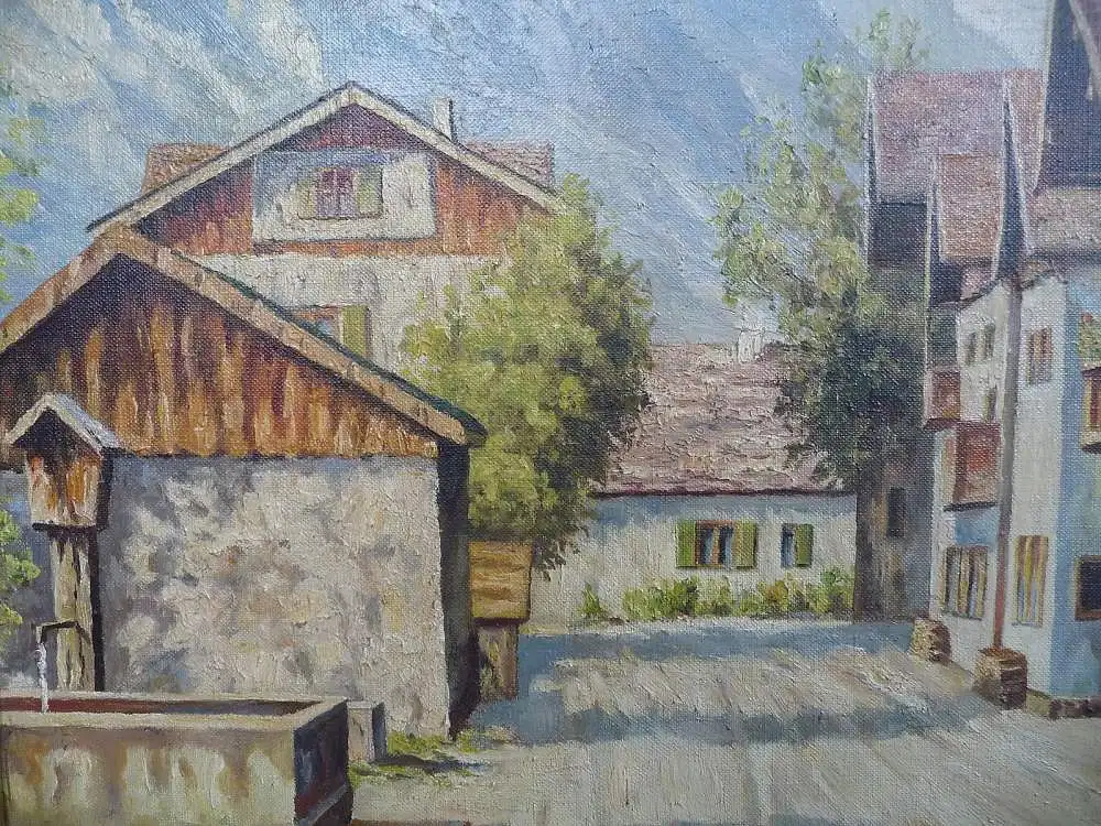 Ölgemälde Garmisch-Partenkirchen Frühlingstraße Zugspitze / Ernst Hüther ca.1940 1