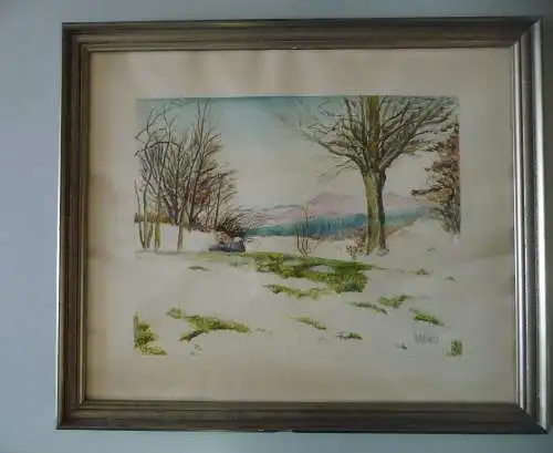 Aquarell Landschaftsbild Winter Vorfrühling Studie Bäume H. Kleinert