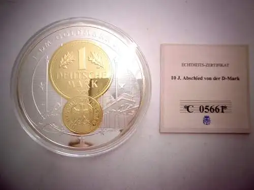 XL Gedenkmedaille "10 J. Abschied von der D-Mark" in Kapsel + Echtheitszert.