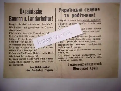 Alter Wurfzettel / Handzettel für Ukrainische Bauern, II. WK