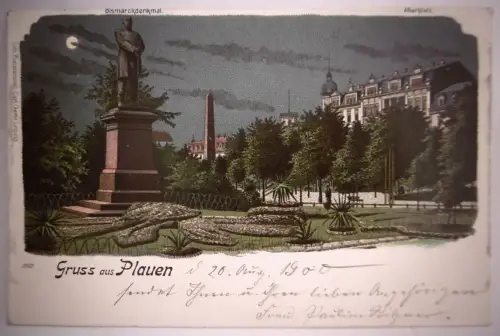 Alte PK/Ansichtskarte "Gruss aus Plauen Vgtl. Bismarckdenkmal", gelaufen 1900