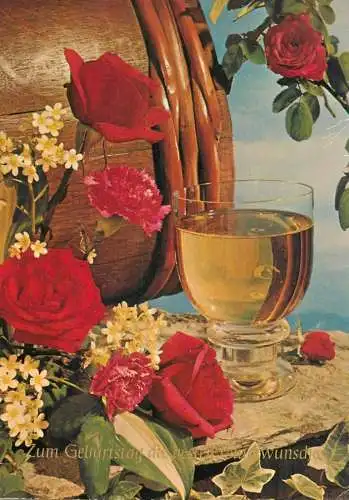Birthday greetings roses floral arrangement and wine glass