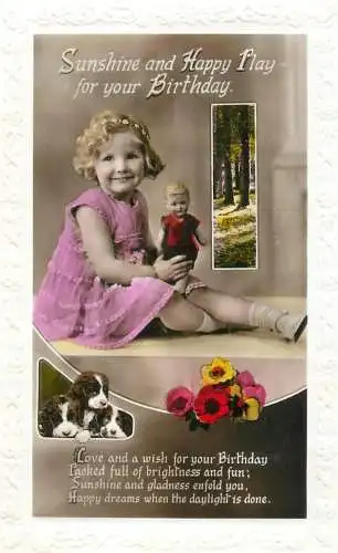 Birthday greetings postcard cute girl & puppet doll