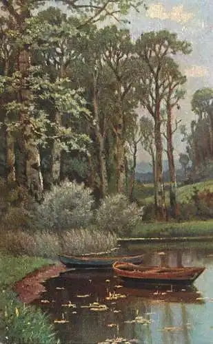 Fine art vintage postcard landscape with trees and boats