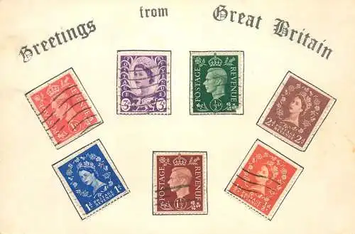 Greetings from Great Britain postcard about stamps