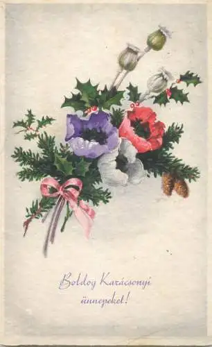 Poppy flowers Christmas greetings postcard Hungary
