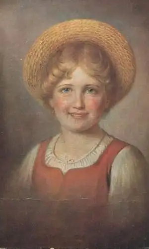 Girl wears straw hat and orange dress portrait