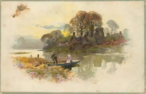 Landscape with boat fantasy old postcard