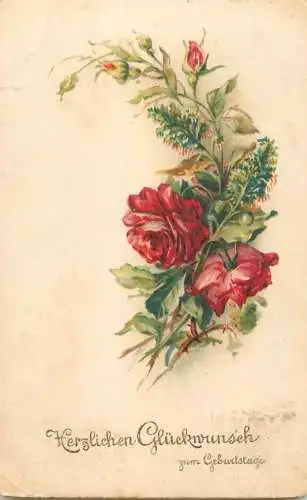 Birthday greetings postcard roses floral fantasy