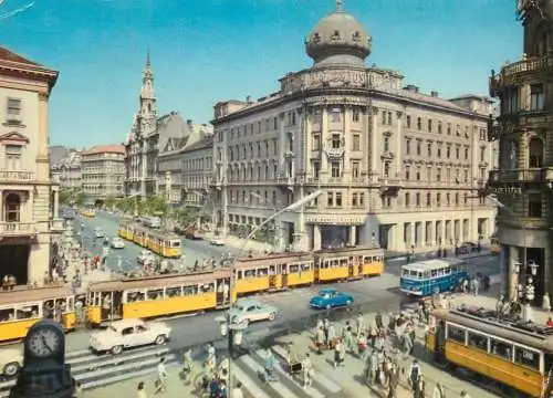 Hungary Budapest boulevard crossing and Rakoczi street tramway