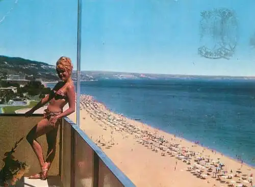 Bulgaria Varna beach view & beautiful woman butterfly stamp