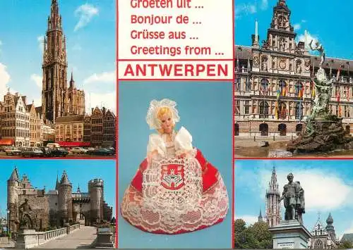 Belgium Greetings from Antwerpen multi view and doll with typical costume