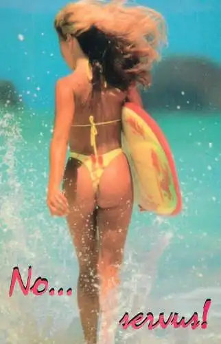 Bikini beauty surfing greetings postcard Romania